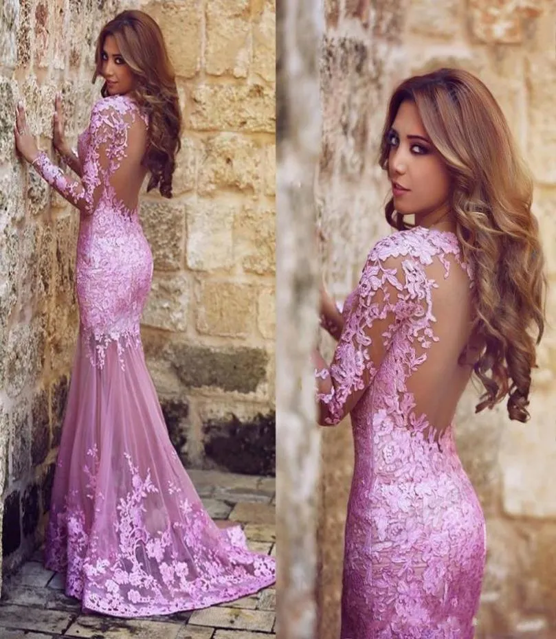 Aftonklänningar 2018 billiga arabiska lila lila juvelhals långa ärmar spets sjöjungfrun ren illusion lång fest klänning öppen rygg prom9236575