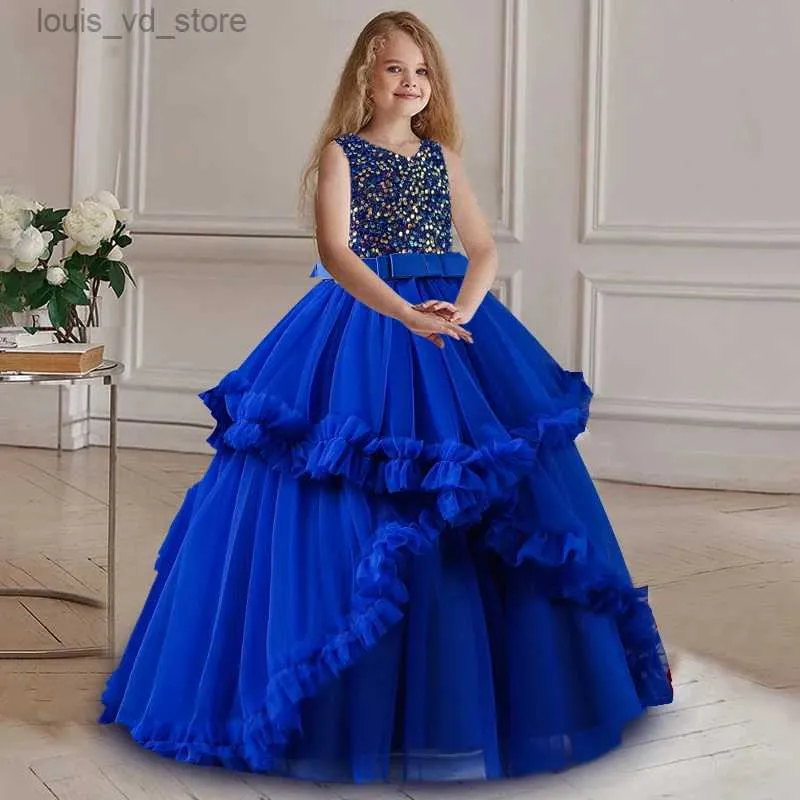 Girl's Dresses Girls Dress 2024 New Girls Sequin Princess Dress 5-14 år Fashionabla Bow Fluffy Dress Bankett Wedding Flower Girl Dress T240415