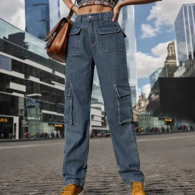Jeans da donna bottoni cargo in alto con tasche lunghe a vita alta pantaloni in denim verticale per donna outdoor ropa de mujer