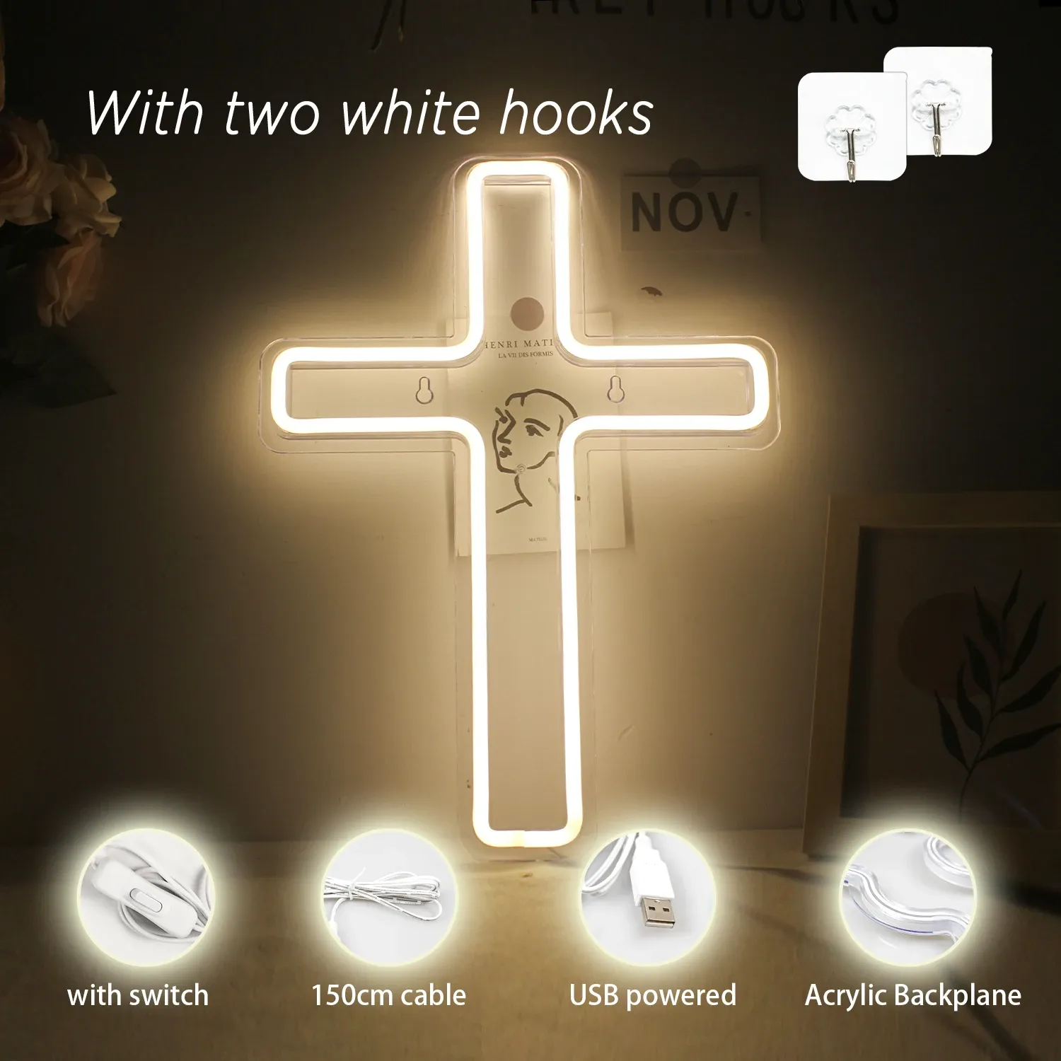 Neon Sign LED Cross Shaped USB With Switch Wall Art Hanging Lamp For Holiday Bar Wedding Party Club Home Room Decor 0415