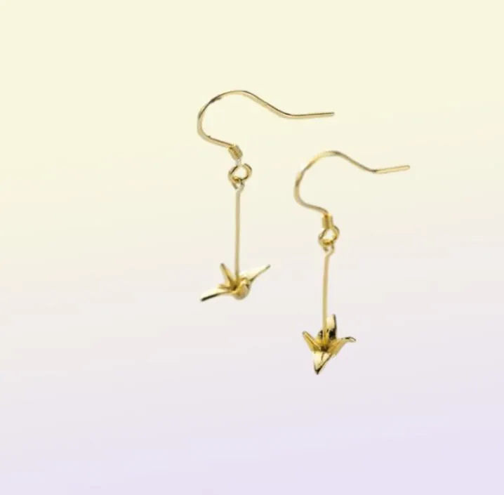 Moidan Fashion 925 Sterling Silver Cute Paper Crane Long Chain Drop Earrings For Women Girl Gold Color örhängen Fina smycken 210618945500