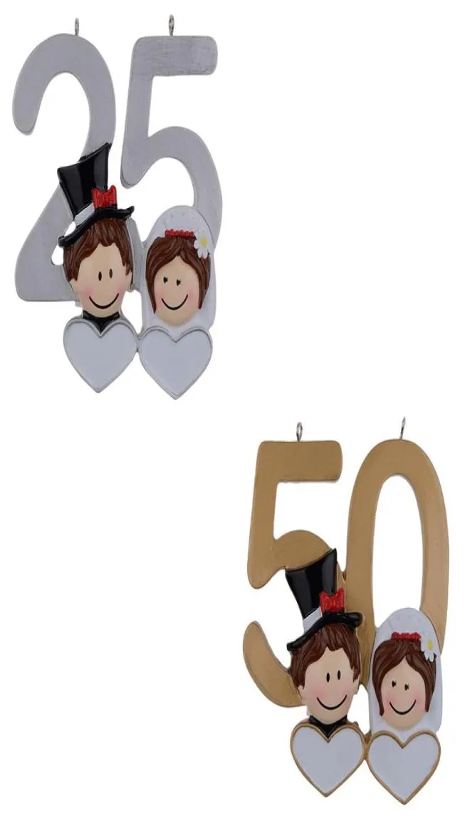 25 ° Silver 50th Golden Wedding Anniversary Resin Hang Memorial Ornamenti di Natale con cuore lucido come per regali personalizzati HO1444780