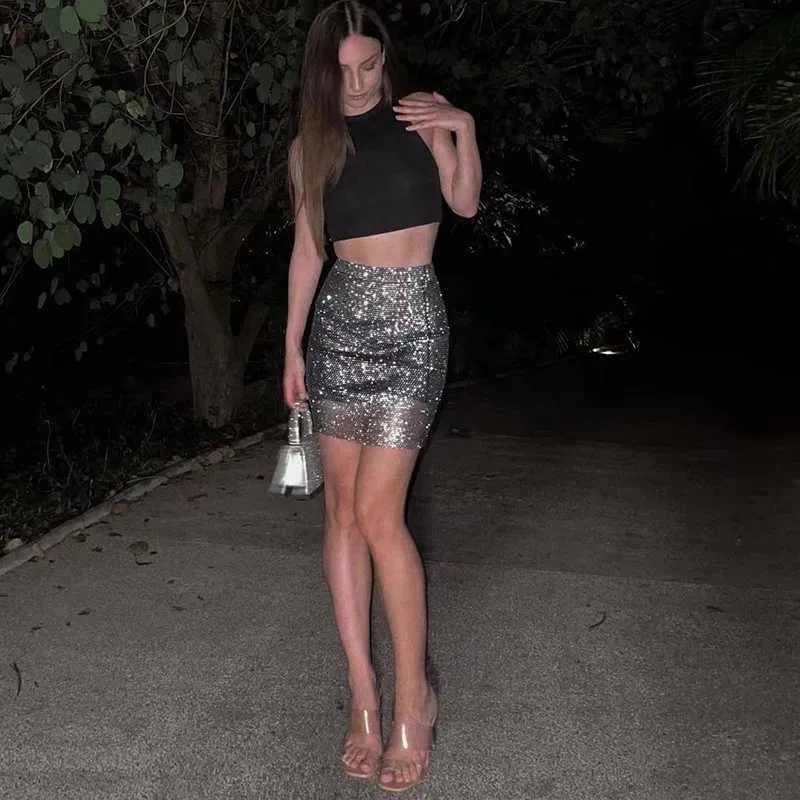 Sexy Skirt y See Through Mesh Rhinestone Mini Skirt Women Summer Micro ...