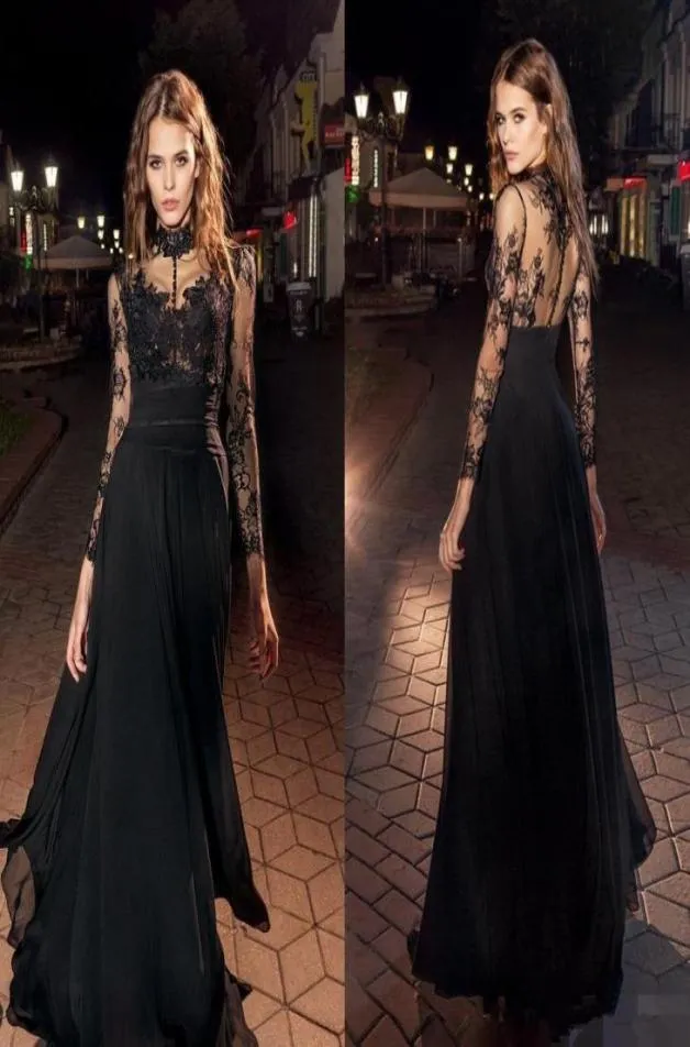 Sexy buttons see through back lace long sleeves prom dresses 2019 high collar floor length chiffon formal evening gowns9355438