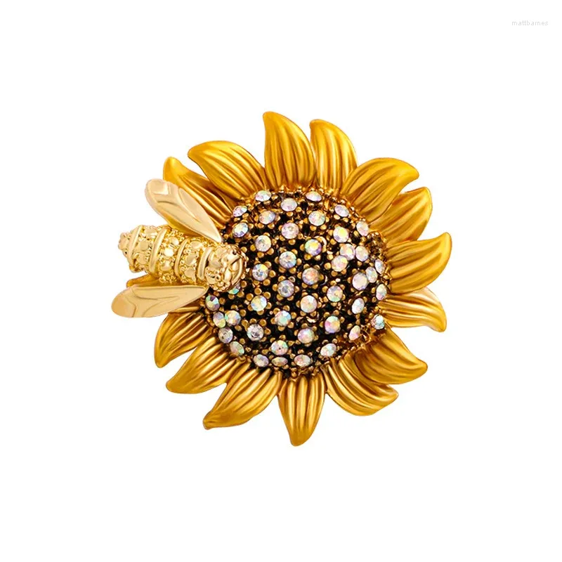 Brooches Rhinestones Sunflower Brooch Costume Jewelry Gold Plated Bee Flower Broches Pins Fashion Elegant Multipurpose For Women