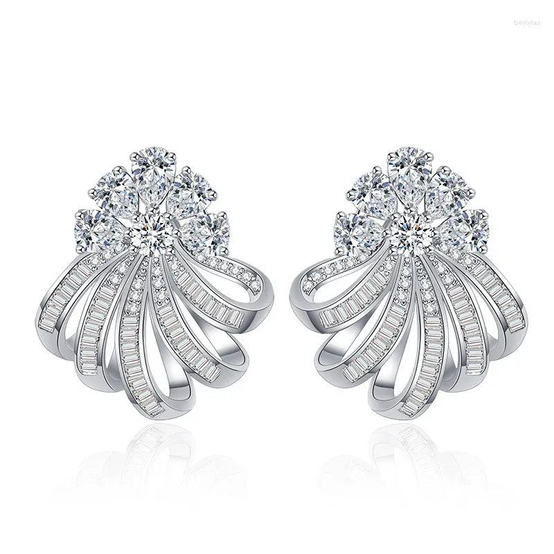 Stud Earrings S925 Silver Plated With Platinum And Diamonds Female Stereoscopic Flower Style Luxury