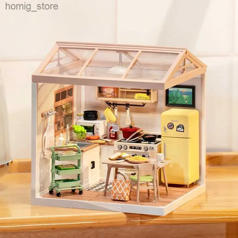 3D Puzzles Robotime Rolife 3D Puzzle Super Store Happy Meals Kitchen Plastic DIY Miniature House Kit Miniature Dollhouse Playset with LED Y240415