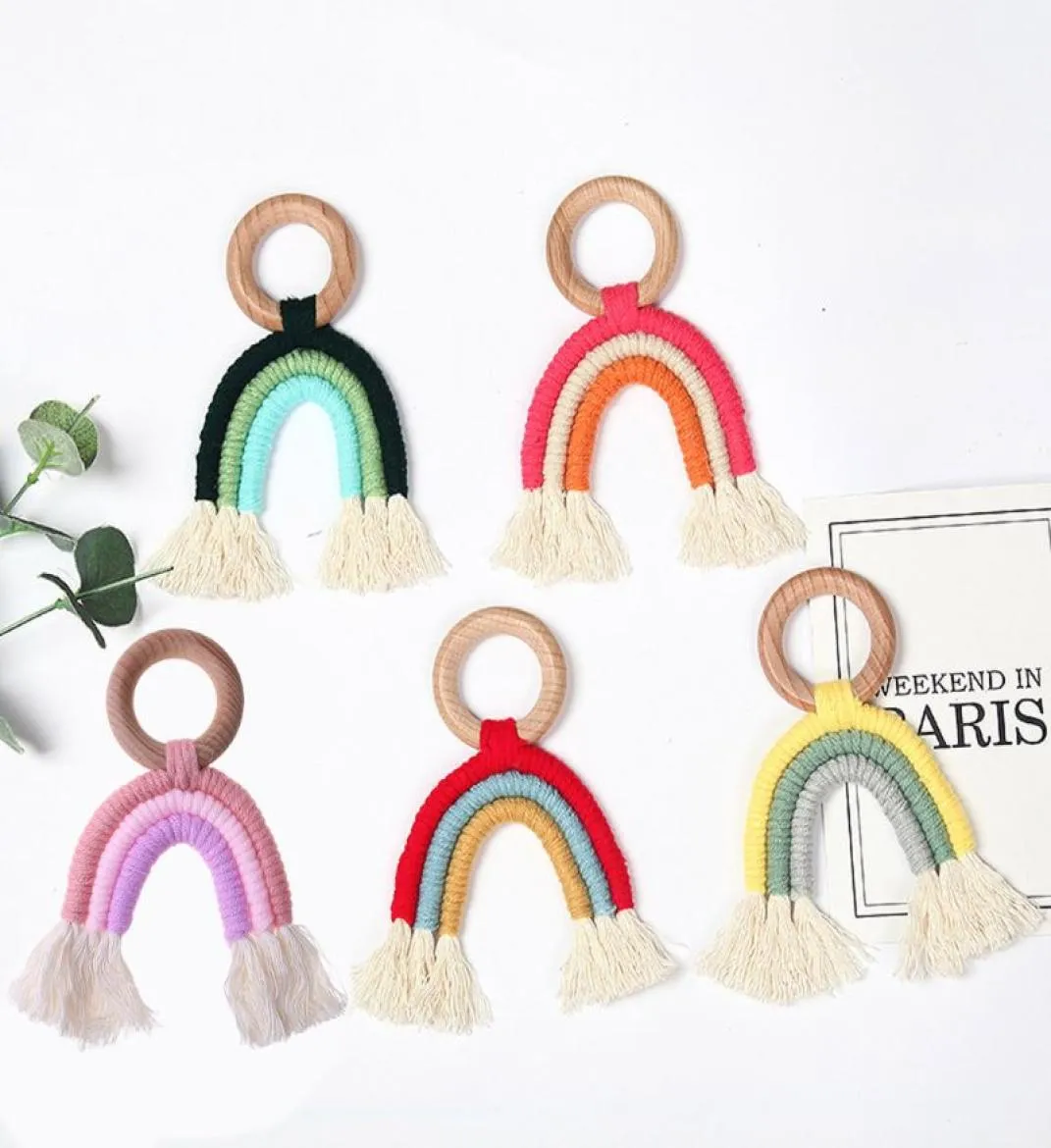 Arco -íris Toy Tassel Macrame mordome de madeira Anel de chocolate Recém -nascido Teether Teether Sensory Molar Baby Shower Gifts1657366