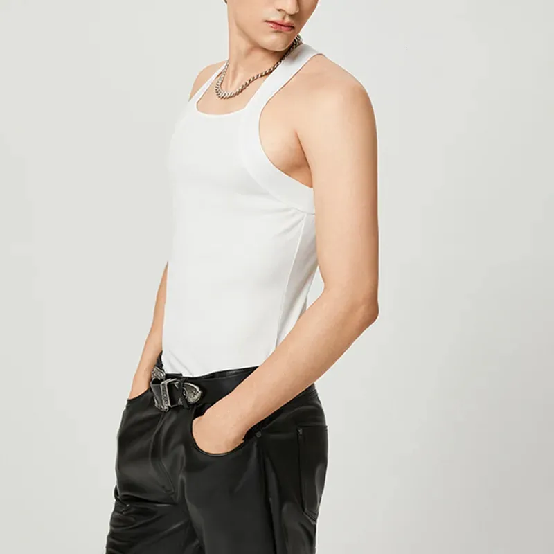 Summer Tank Tops Vest Men ärmlös fyrkantig krage sömmar Mens Sexiga spaghetti rem Slim Solid Color 240415