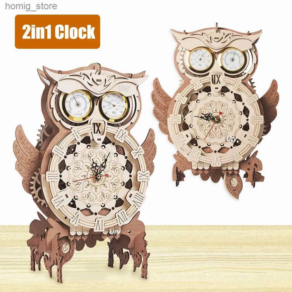 Pigzzles 3D Ury 3D Puzzle de madeira Retro Pendulum Owl Relógio de parede Modelo de relógio de parede Conjunto de higrômetro Decoração de engrenagem mecânica Presente adulto montado à mão Y240415