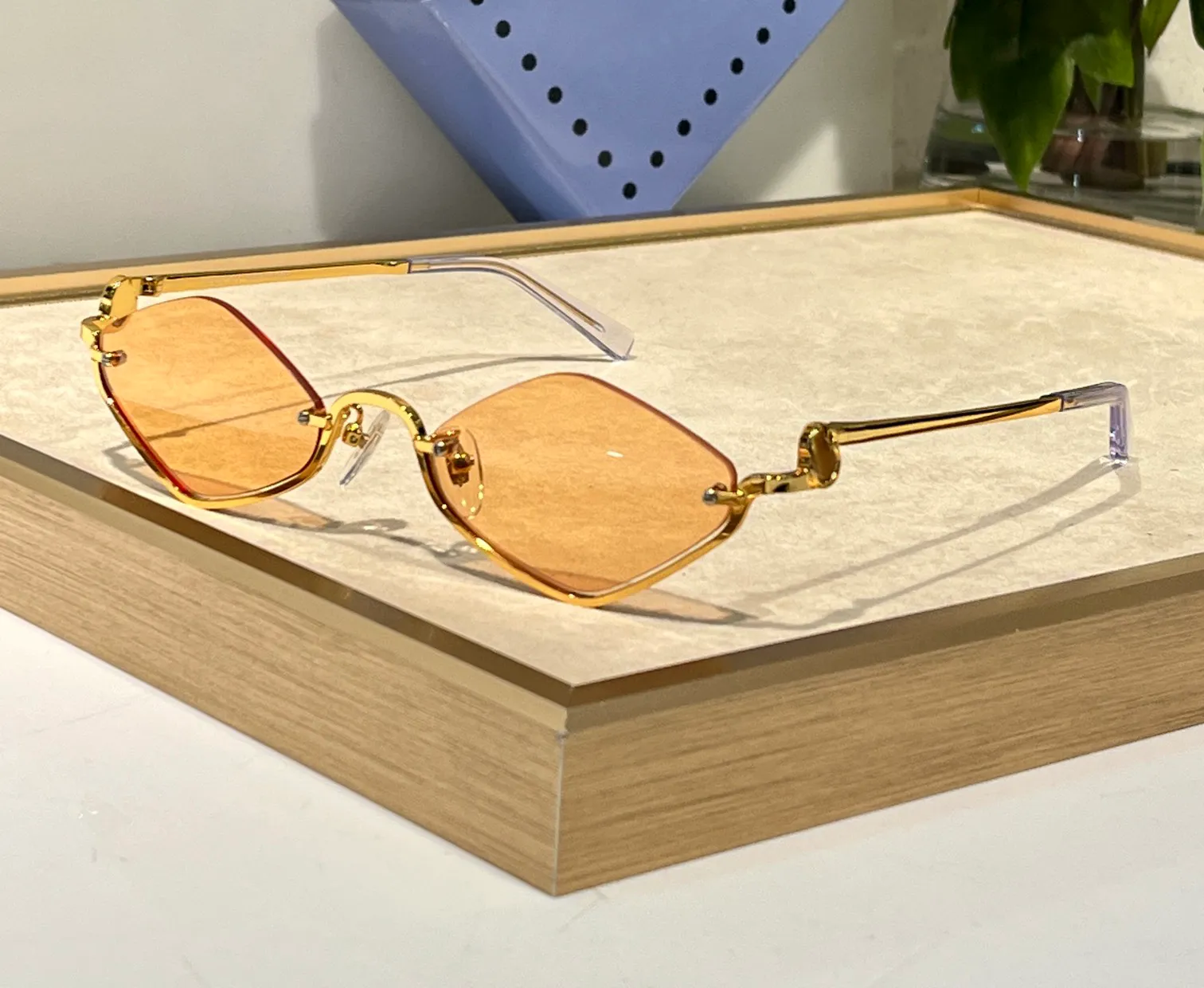 Retro Y2K Semi-Rimless Sunglasses Narrow Gold Frame UV400 Protection P250511140125-Angle-WoC-1.jpg main image 3