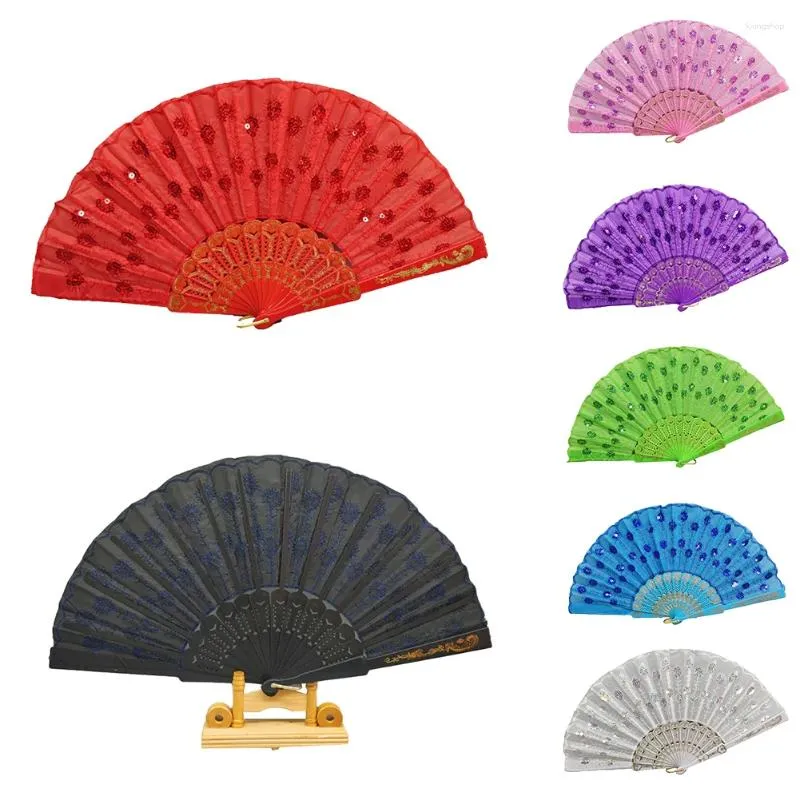 Decorative Figurines Chinese Hand Held Folding Fan Silk Spanish Style Flower Dance Party Wedding Length 23CM