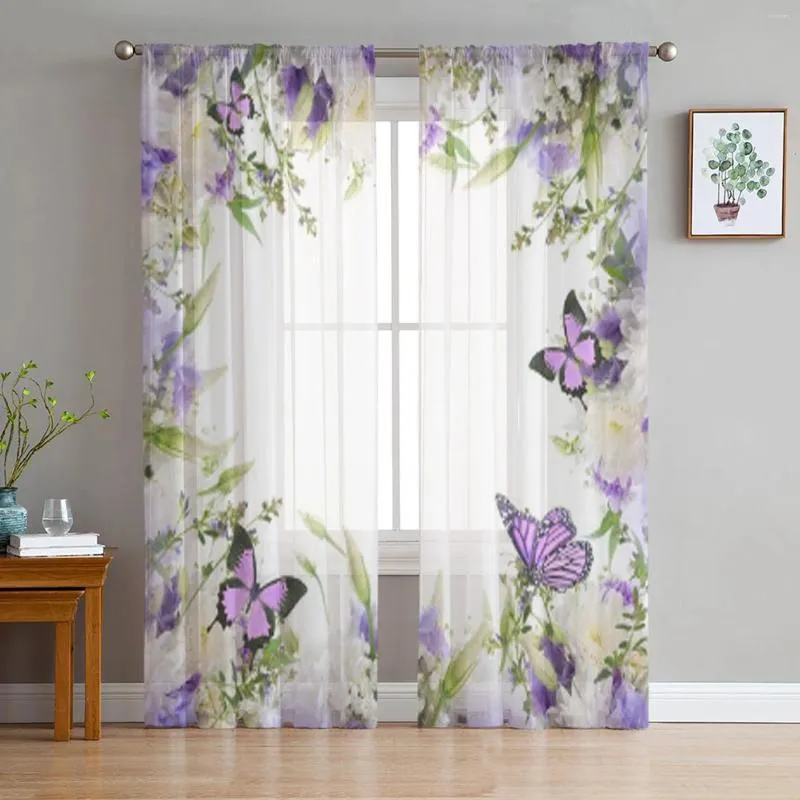 Gardin vit lila blommor fjäril ren fönster vardagsrum tyll draperar hem dekor sovrum kaffe el chiffon