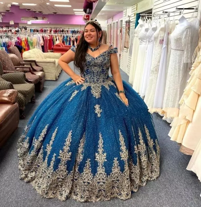 Navy Blue Glitter Quinceanera Dresses Off the Shoulder Gold Floral Applique Sweet 15 Gown Beaded Tulle Quince Party4746406