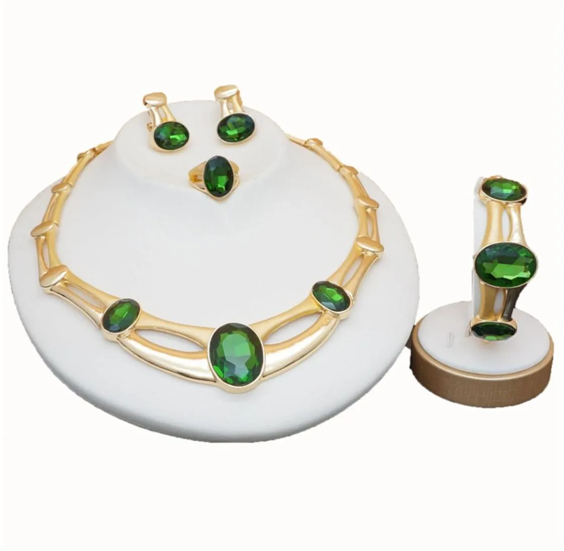 Rose Gold Green Stone Jewelry Set Women Bridal smyckeset Set Luxury Necklace Set in smyckesuppsättningar Stud Drop Earrings Jewellery9834633