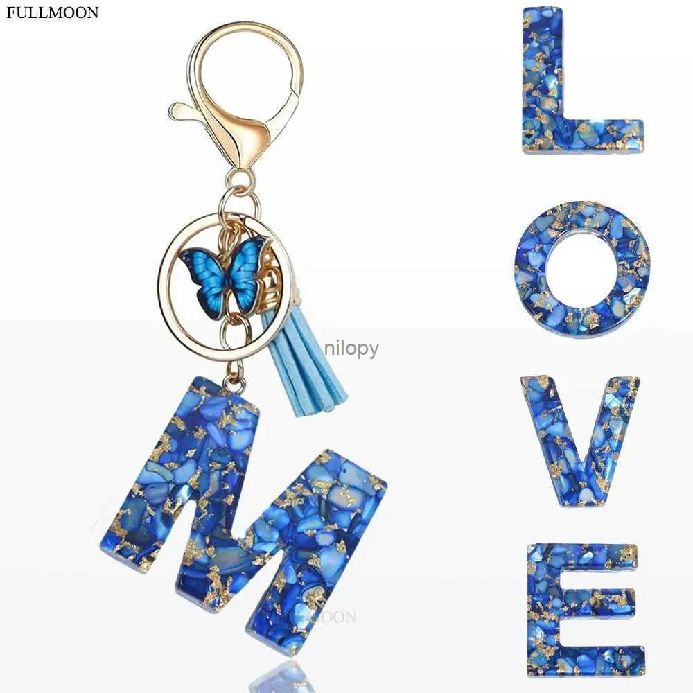 Keychains Lonyards Blue Butterfly 26 Initiales Keychain Mignon de lettre de lettre A-Z avec pendentif à gland pour les femmes sacs à main sac à main