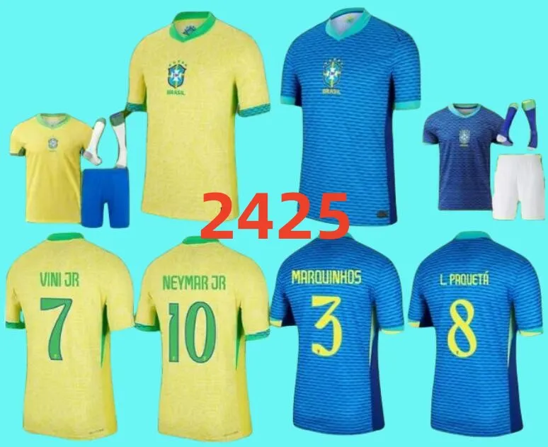 2024 Copa America Brazil Football Kit Neymar Vini JR Kids Set 2425 Brasil National Football -Hemd 24/25 Home und Auswärtsspieler Rodrygo Martinelli Fußballkit