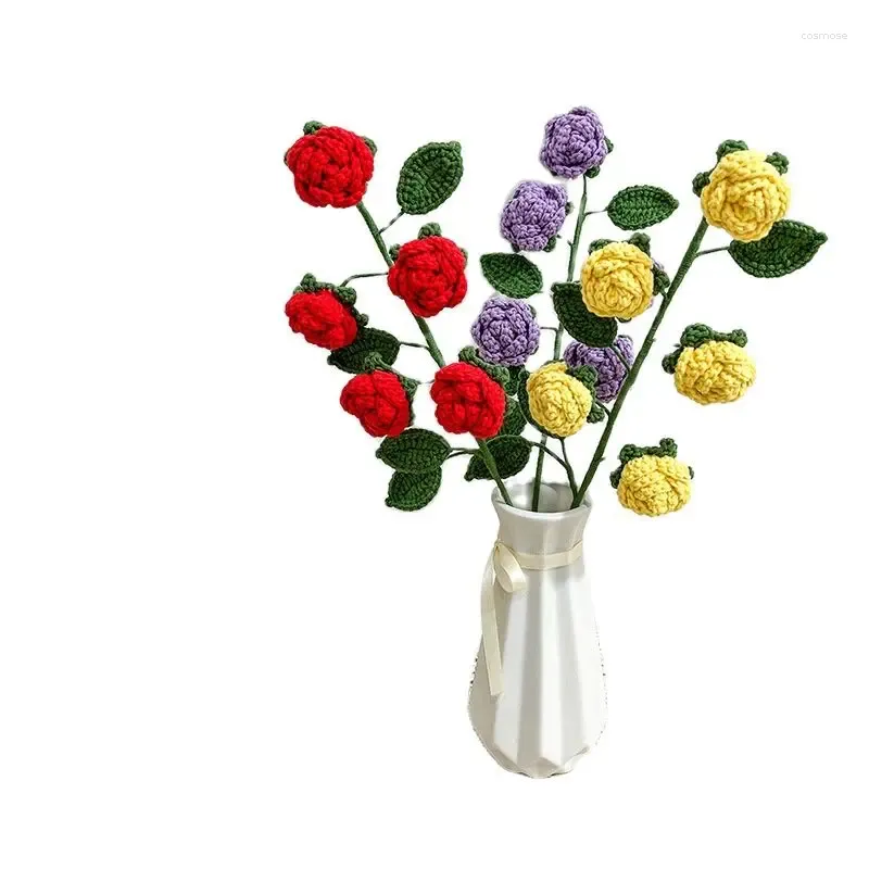 Decorative Flowers 3 Branches Roses Immortal Red Bright Artificial Handmade Knitted Wedding Party Decoration Ornament
