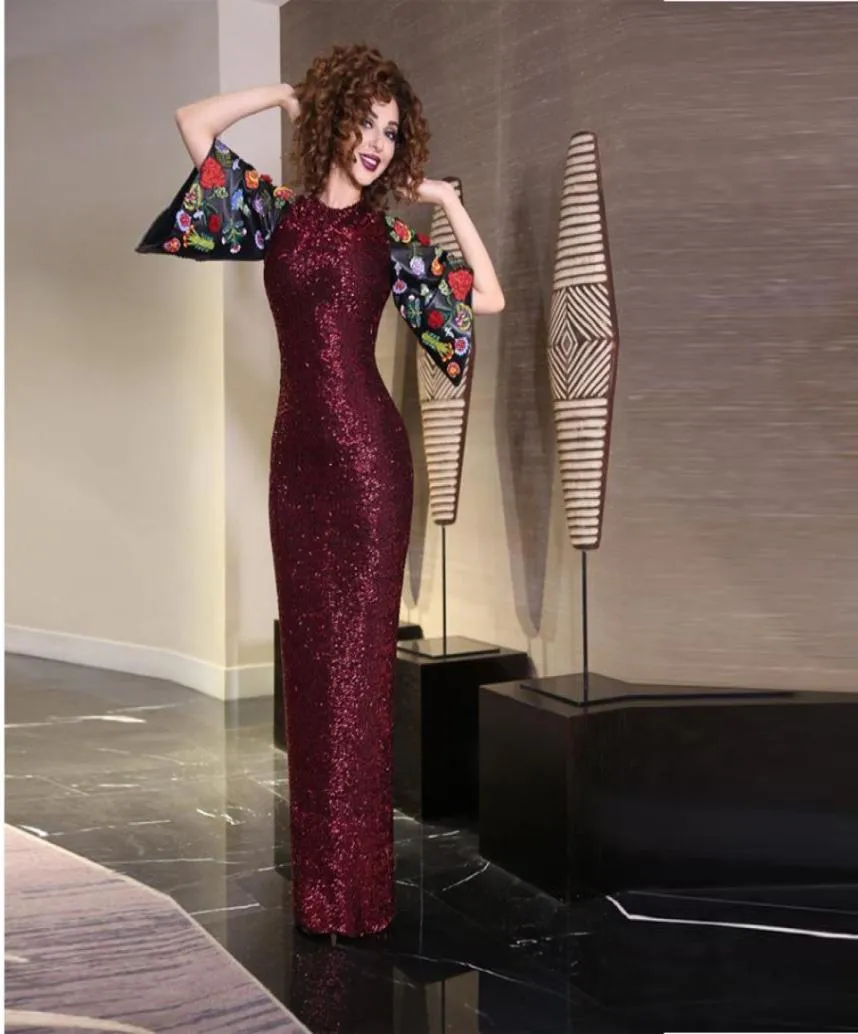 Muhteşem Vintage Sequins Denizkızı Gizli Elbiseler Zemin Uzunluğu Arka Plus Nakış Yarım Kollu Resmi Prom Gowns Myriam Fares Par9718906