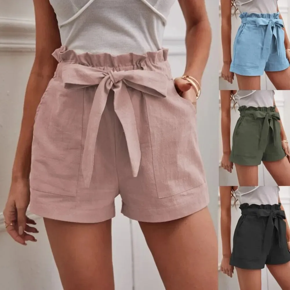 Zomer dames losse linnen casual shorts met zakken vaste kleur hoge taille wijd been broek 240407