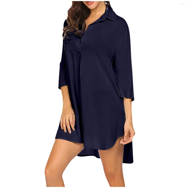 Casual Dresses Women Beach Shirt Fashion Loose Women's Deep V Neck Pure Sunscreen Swimsuit Cover Up 3/4 Long Womens Fall