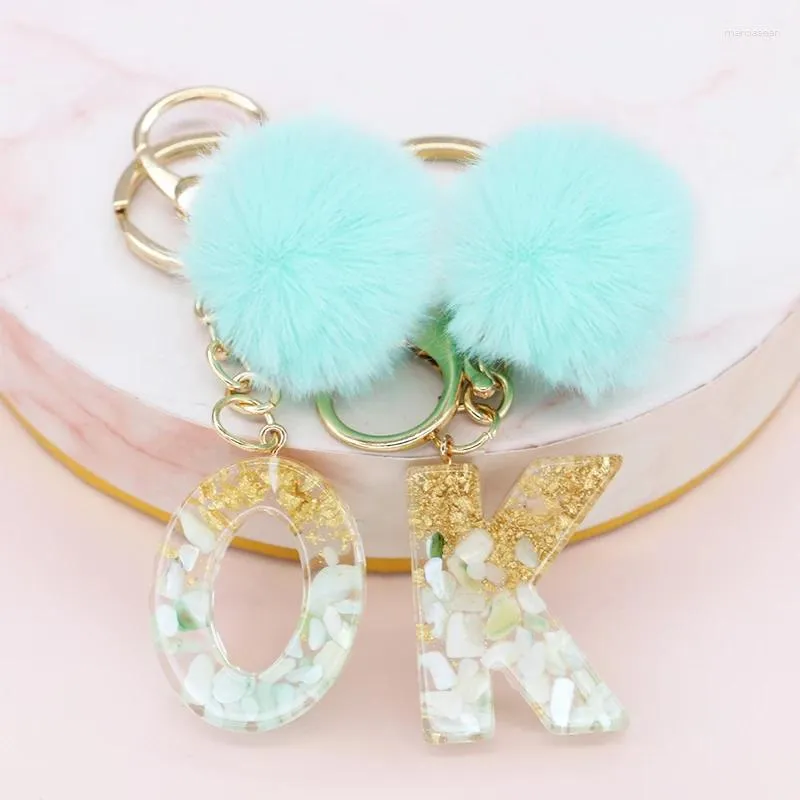 Keychains 26 Initials Letter Key Pendant With Green Fluffy Pompom Fashion Girls Handbag Glitter Gradient Resin Alphabet Keychain Charm