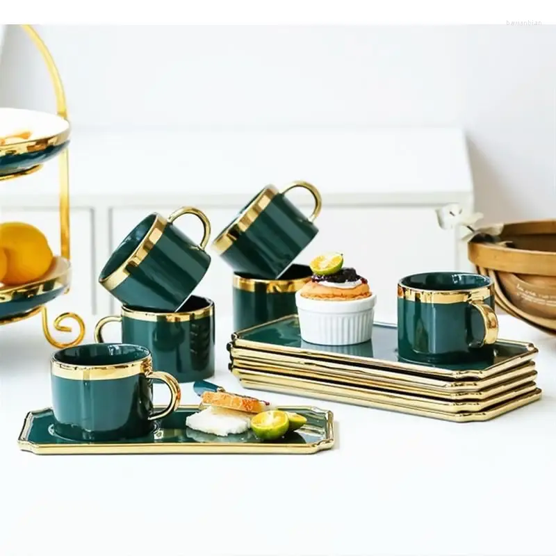 Mokken Noordse koffiekopje set groen creatief met lepel dim sum schotel afternoon tea zwart handgreep mok huishouden