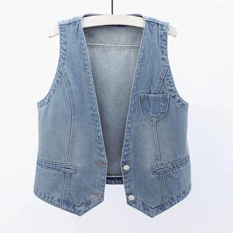 Vêtes pour femmes Vainage de denim Vintage Hop Streetwear pour les femmes V Neck Waistcoat avec des boutons doubles Stitching Coux d'automne Spring