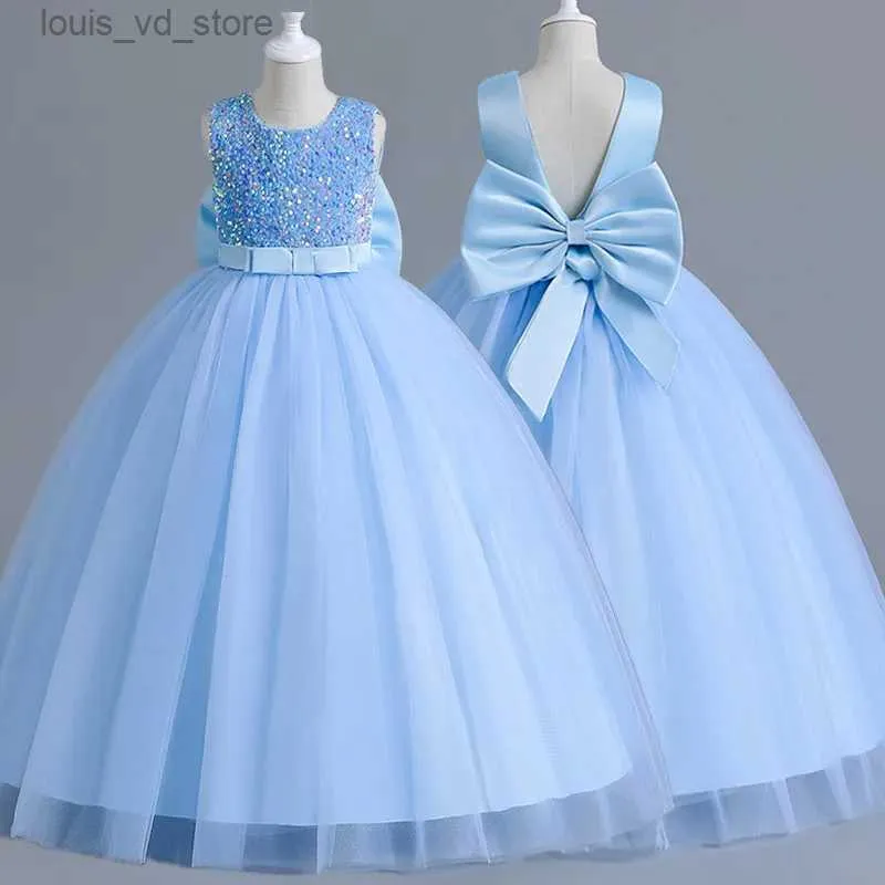 Vestidos de menina Luxury Girl Girl Blue Chencining Dress 5-14t Children concurso formal gala de baile vestido de honra para meninas de casamento roupas de formatura T240415