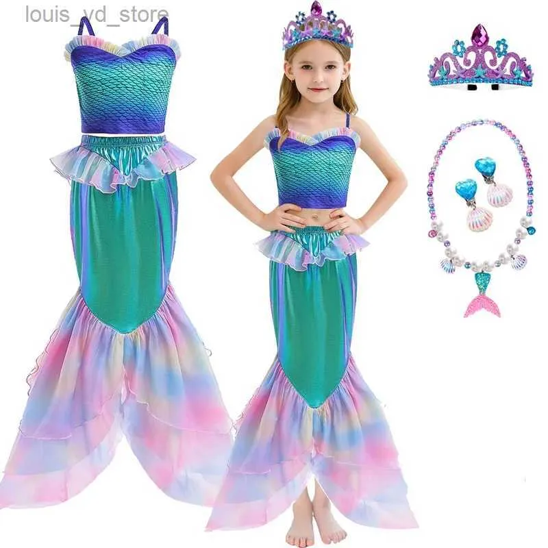 Girl's Dresses Girls Dress 2024 NYTT Summer Mesh Mermaid Costume Girl Suspender Fish Tail Swimming Two-Piece Set Carnival Costume T240415