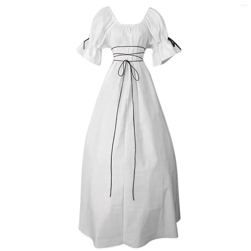 캐주얼 드레스 Maxi Dress Medieval Retro Gothic Gown for Women 2024 Short Sleeve Lace Up Cosplay Evening Party Prom Robe Femme