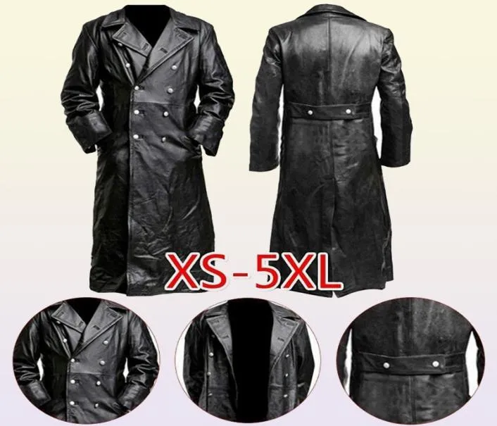 Herrläder faux herrarnas tyska klassiska WW2 enhetliga officer Black Real Leather Trench Coat 2209223204886