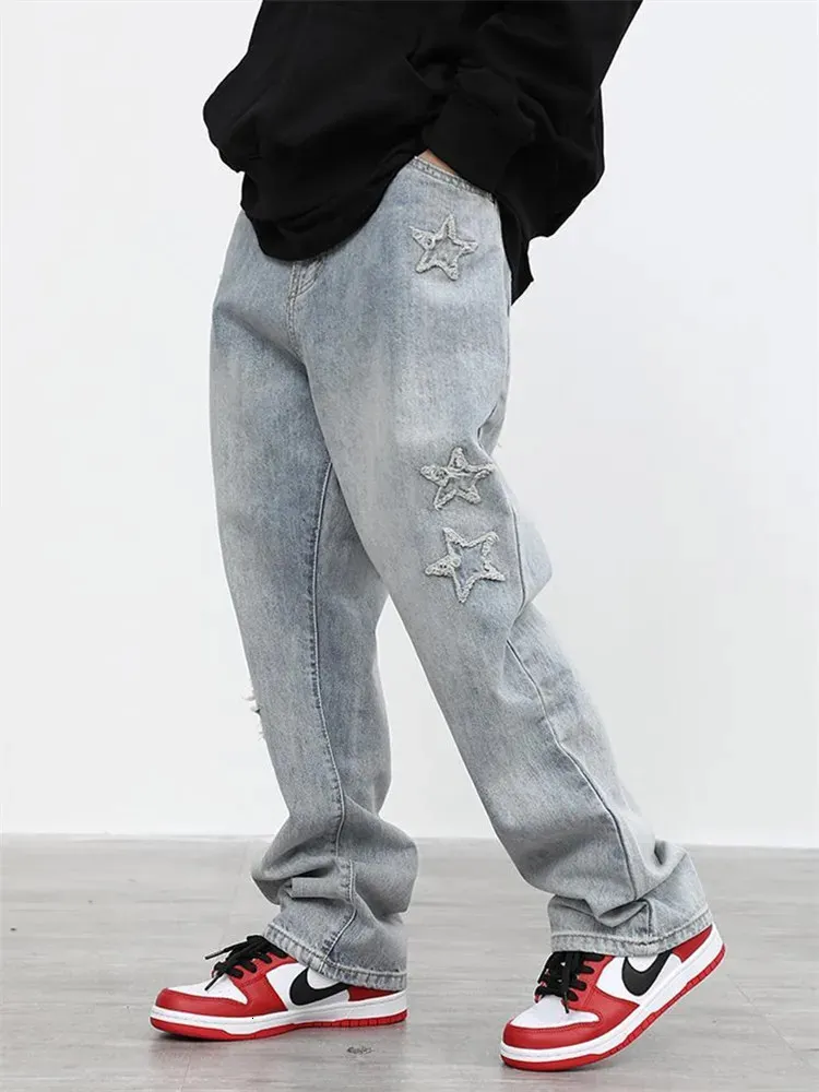 Light Blue Jeans Men Y2K Solid Color Embroidered Straight-leg Pants Button Pocket Washed Trousers A160 240415