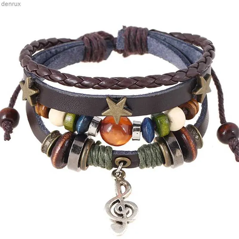 Andra armband handgjorda Boho Gypsy Hippie Design Brown Leather Star G Clef Note Metal Charms Wood Button Pärlor Wrap Unisex Justerbar Armeletl240415