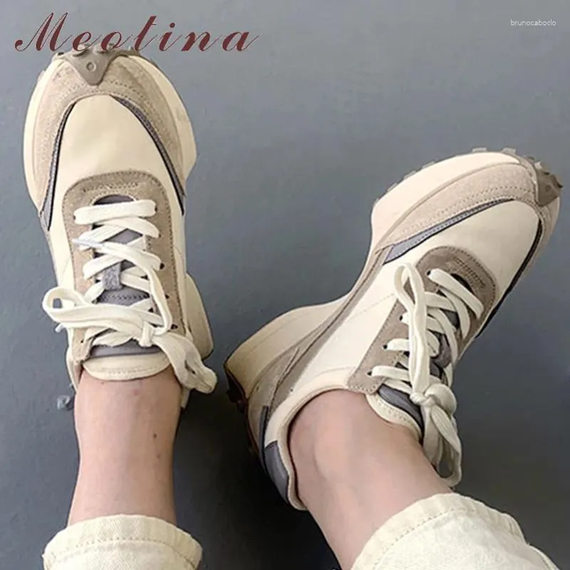 Chaussures décontractées Meotina Femme Sneakers Round Flats Mydants Colors Plateforme à lacets Lace-Up Fashion Fashion Printemps Automne Pinche Abricot 40