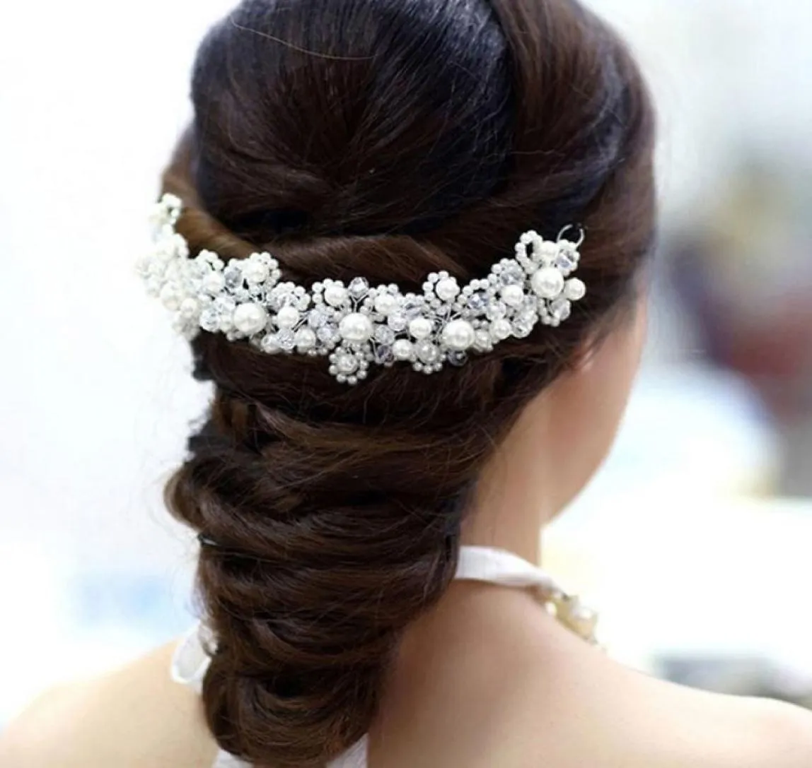 Helbridhår smycken romantisk hår vit pärla kristall brud huvudbonad handgjorda bröllopsklänningar tillbehör 4857208