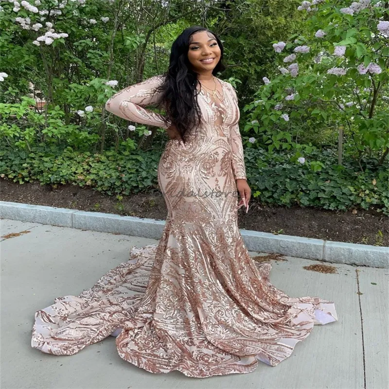 Glitter Rose Gold Prom Dresses Plus Size Long Sleeve Sequin Mermaid Evening Gowns Black Women Formal Occasion Party Dress Birthday Aso Ebi Vestidos Noite Abiye 2024