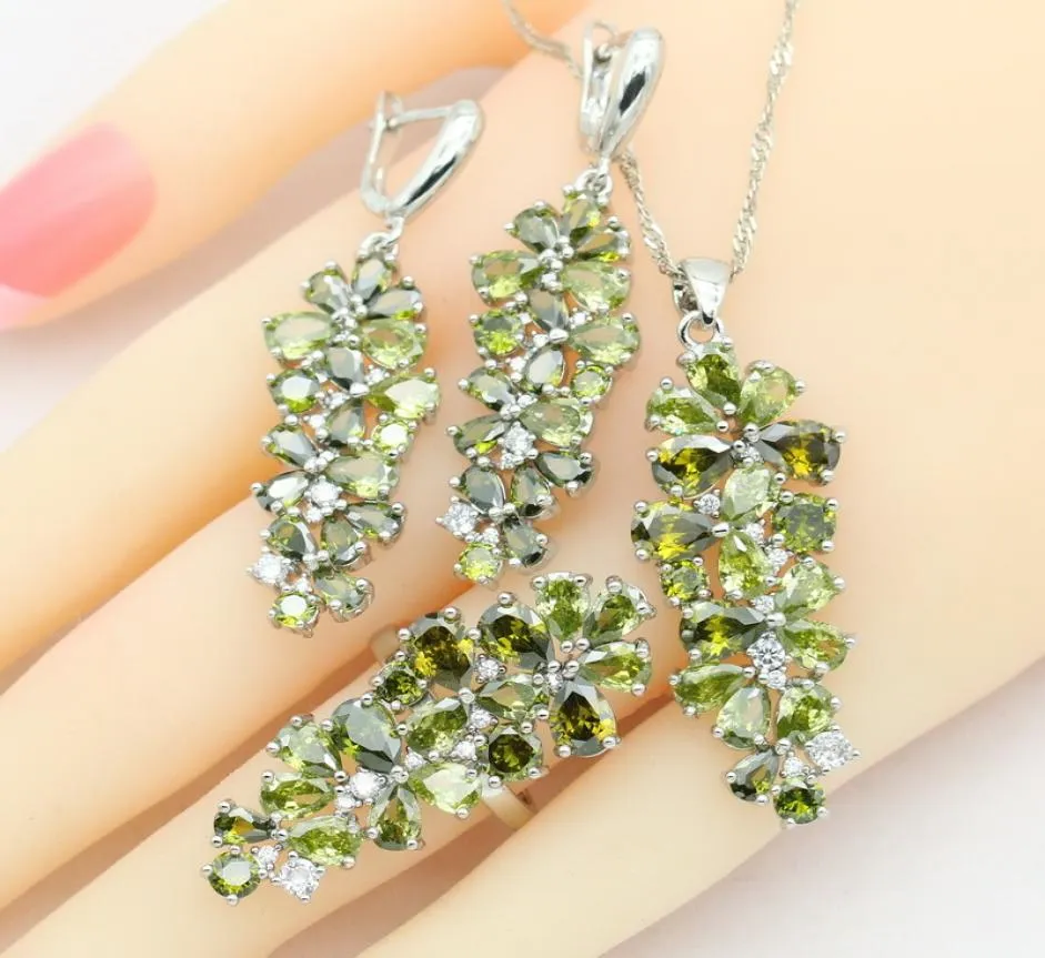 Green Peridot 925 Silver Jewelry Sets for Women 5 Colors Stones Earrings Necklace Pendant Ring Gift8481591