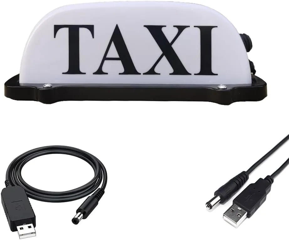 Segno di taxi a batteria ricaricabile USB, segno di taxi del tetto con carrello in taxi impermeabile magnetico Sign illuminato, luce a LED a cupola di taxi impermeabile con base sigillata