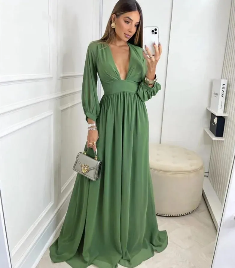 Vestidos de noche de gasa verde de una línea Sexy V Cuello Vuello largo Longitud longitud