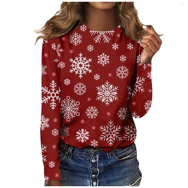 Kvinnors T-skjortor Autumn and Winter Long Sleeve Tops Fashion Casual T-shirts Christmas Tree Printed Round Neck Ropa de Mujer