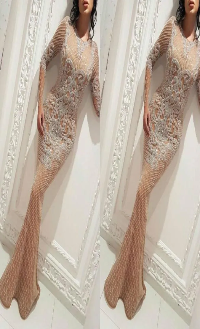 YouSef Aljasmi Charbel Zoe lange mouw jurken avondkleding luxe kralen gouden prom jurk zeemeermin avondjurk beroemdheid formeel dr8382495
