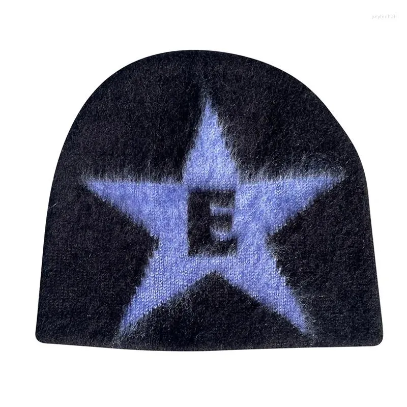 Berets Y2K Hat Star Jacquard Knitted 2024 Winter Kpop Fashion Warm High Quality Fur Hats Unisex Harajuku Beanie