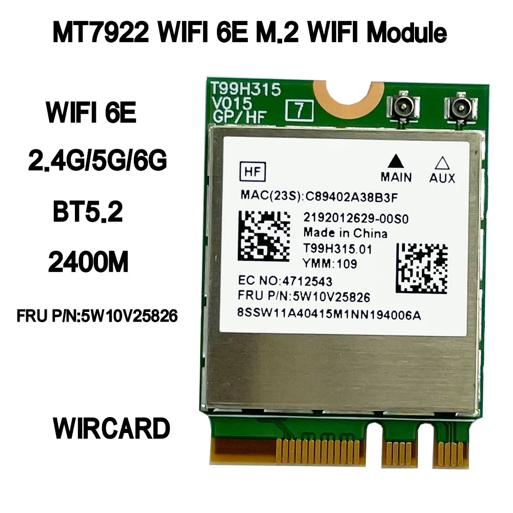 بطاقات wifi 6e MT7922 Wireless 2400Mbps WIFI بطاقة شبكة 2.4G 5G 6G 802.11AX M.2 Bluetooth 5.2 MUMIMO ADAPTER لجهاز الكمبيوتر المحمول Lenovo