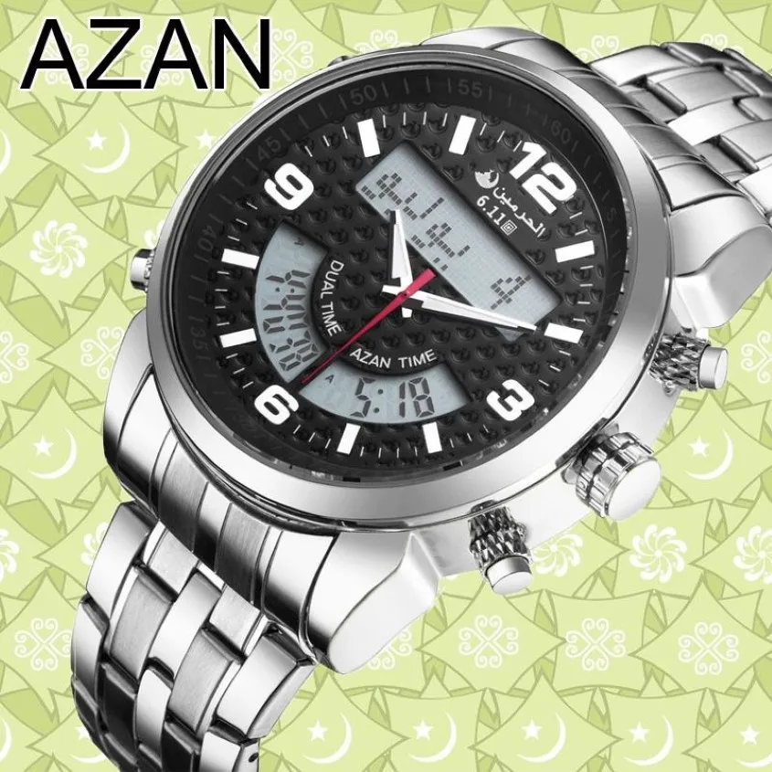 6 11 새로운 스테인레스 스틸 LED 디지털 듀얼 시간 Azan Watch 3 색 Y19052103215S
