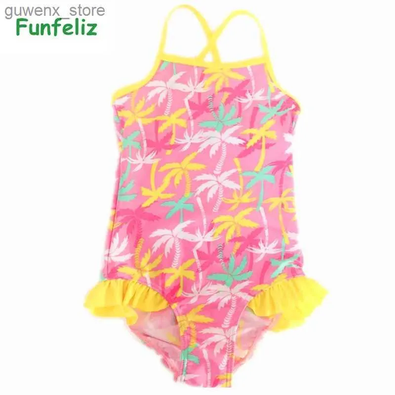 One-Pieces Funfeliz Girls Swimwear One Piece Swimsuit for Girl 2T-12T Cute baby girl bathing suit Children swimming suit Y240412