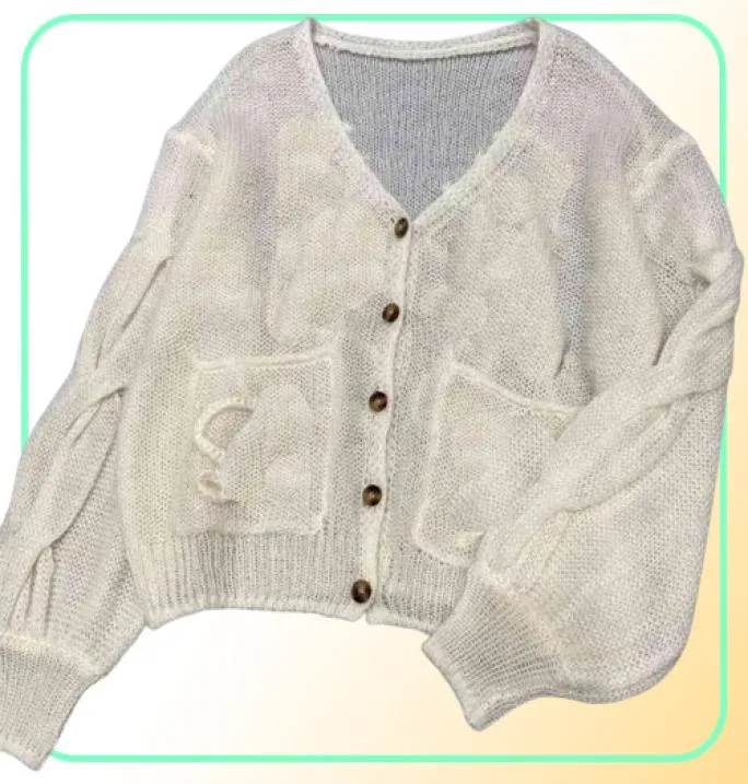 Women039s Sweaters designer Mohair hand crochet Vneck lazy style hollow loose cardigan women039s top 2022 autumn new produc1483132