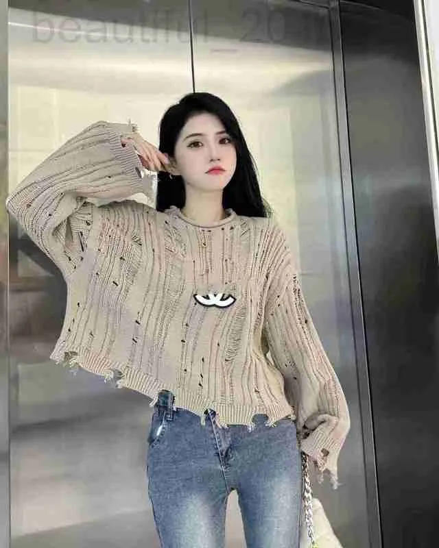 Malhas femininas Tees Designer de alta qualidade versão com bordas irregulares e irregulares, com manga longa de suéter solto de montagem mvv2