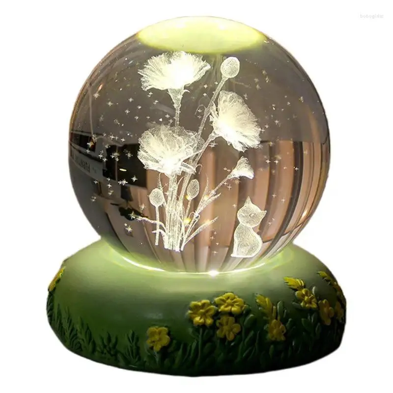 Figurines décoratives Lumineux Crystal Ball Nightlight Fleurs créatives et chaton LED Resin atmosphère Light Home Room de chambre à coucher décor