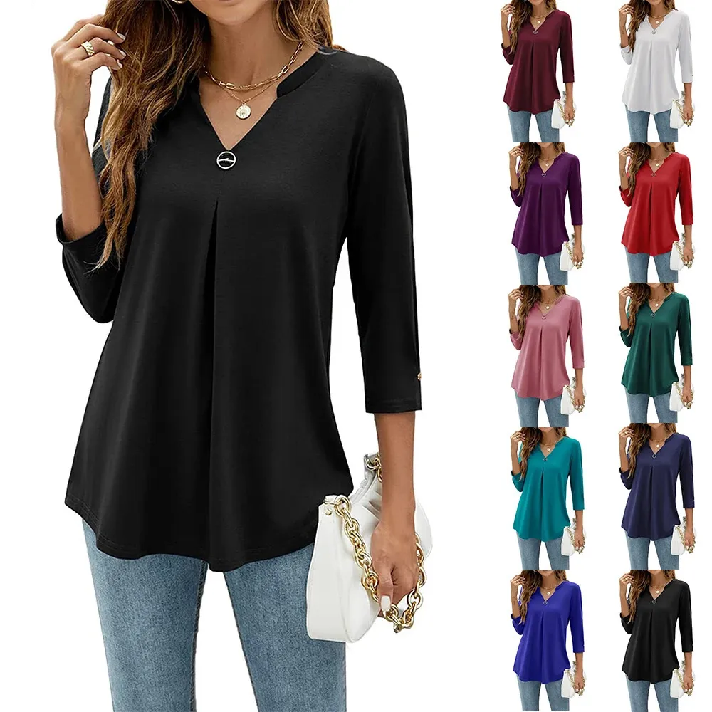 WOMEN Autumn V Neck 34 Camisas de manga Tops informales de trabajo Túnica de trabajo suelto 240411